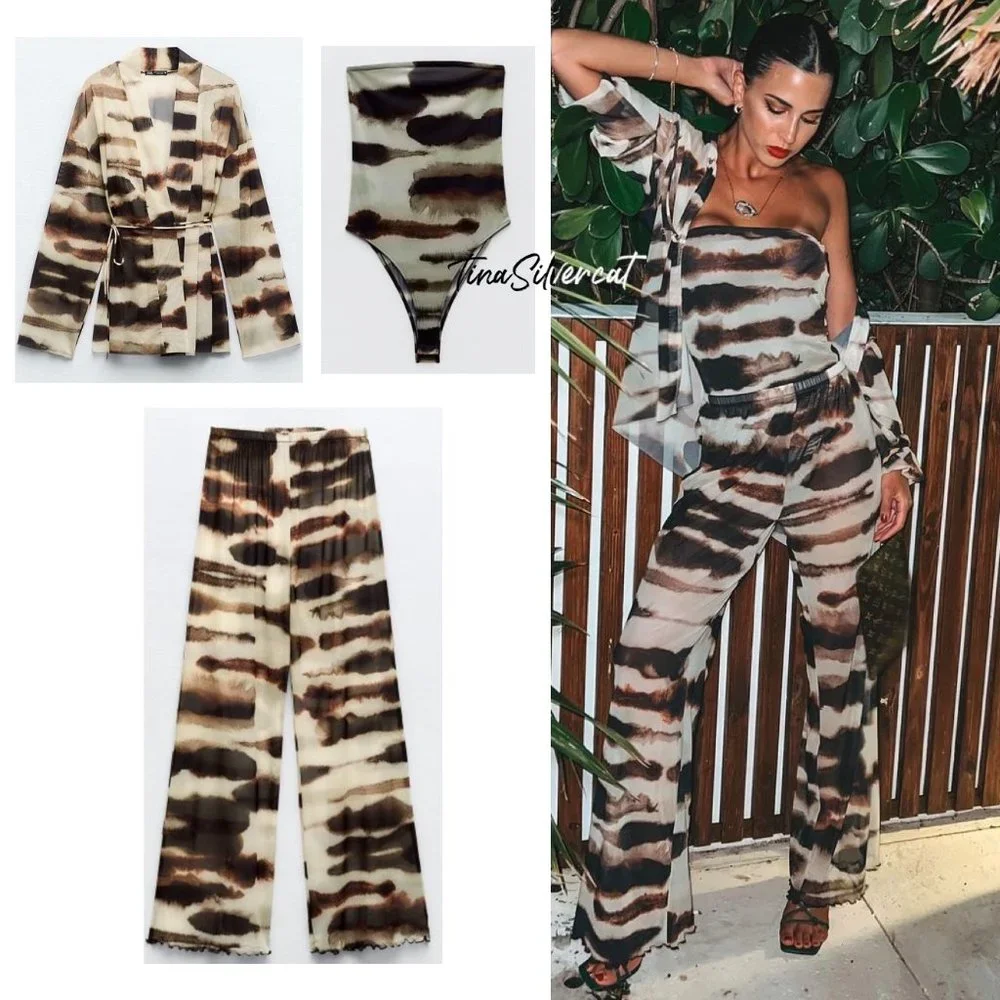 BLOGGER'S FAVE! Zara 3 Piece Co-Ord Tulle Kimono, Bodysuit, And Pants Se…